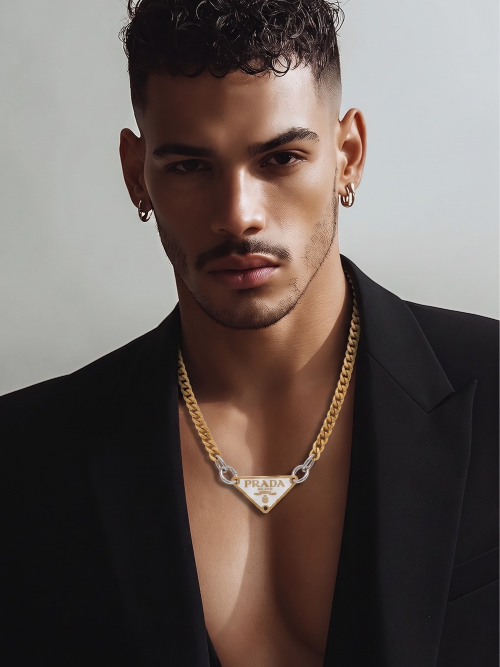Prada Two-Tone Gold Chain Necklace with White Triangle Logo - Picture 3 of 4